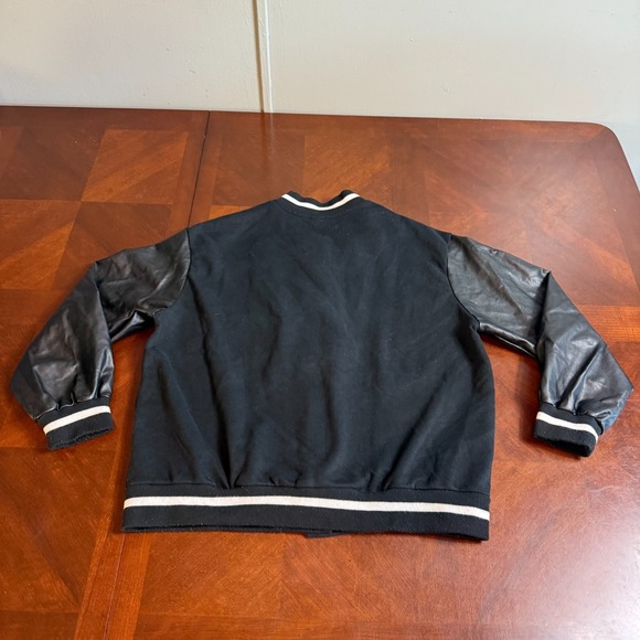 Black Varsity Letterman Jacket Faux Leather Sleeves Graphic Patch Small - Picture 9 of 10